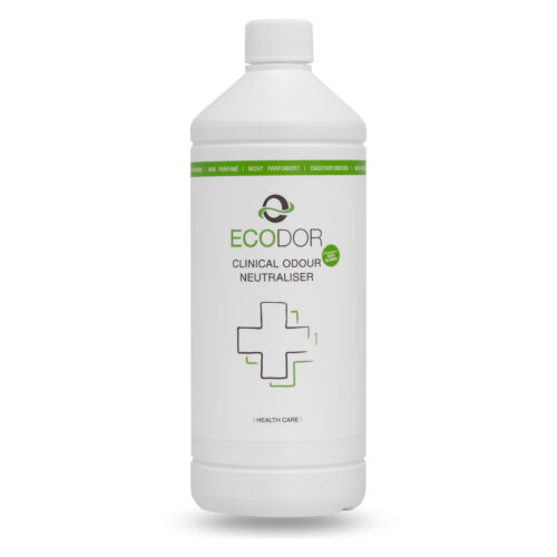 Fles Ecodor EcoClinic 1 liter navulfles, een ongeparfumeerde geurneutralisator voor de gezondheidszorg.