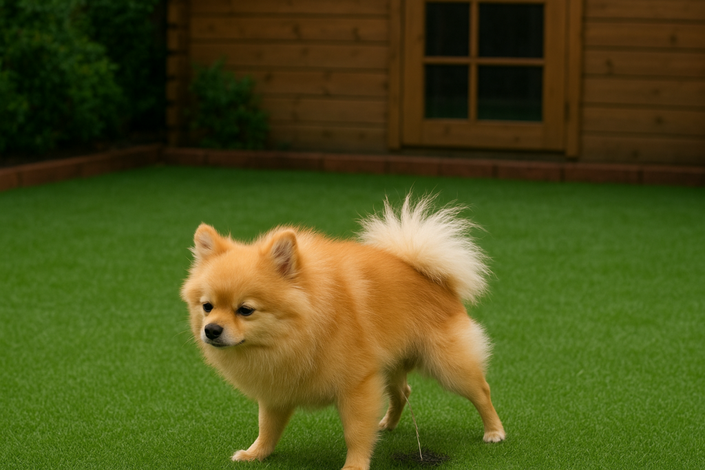 Hund uriniert auf Kunstrasen im Garten