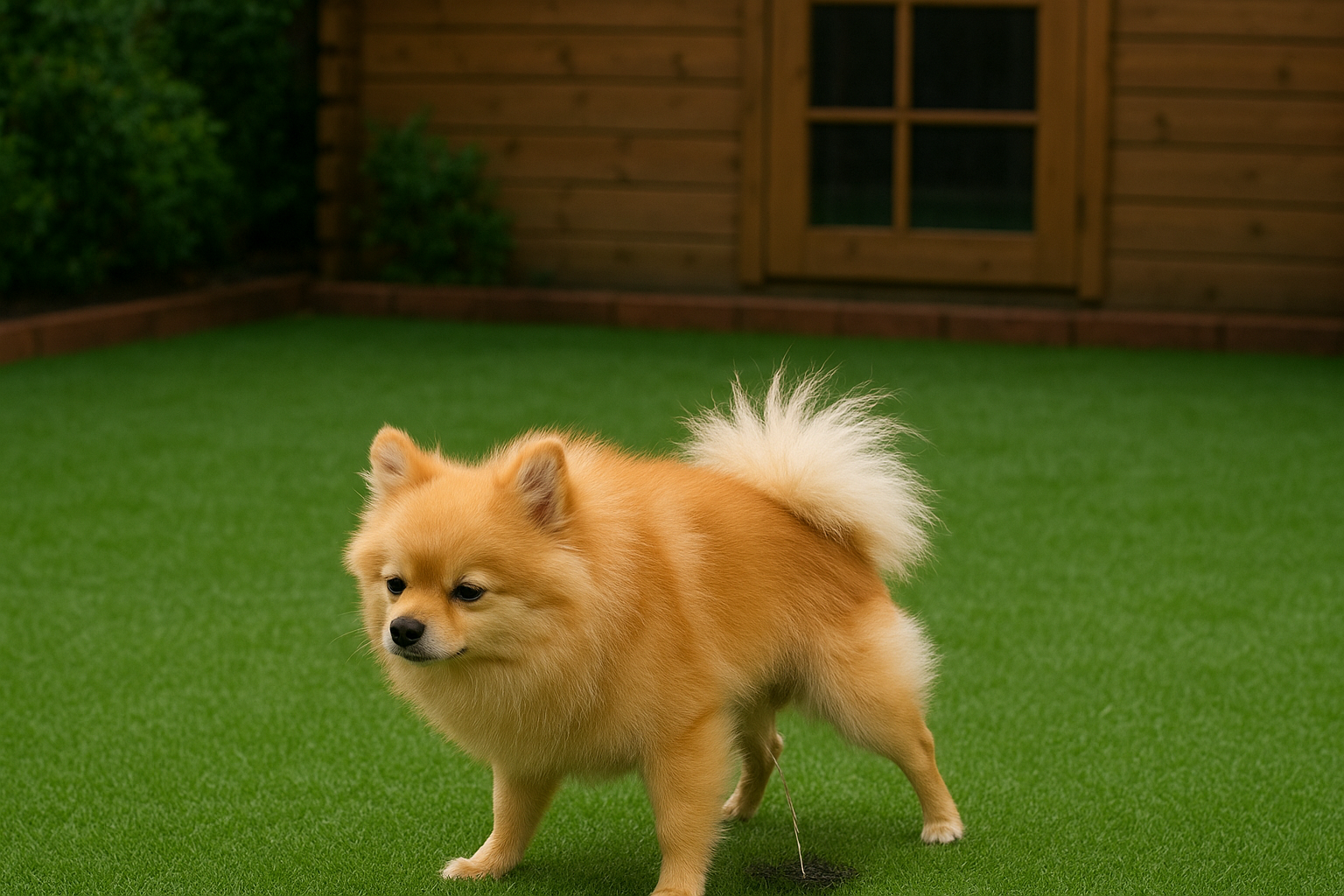 Hund uriniert auf Kunstrasen im Garten