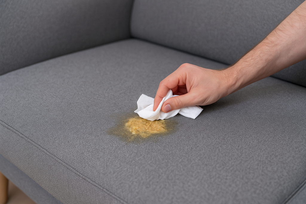 Hand, die Erbrochenes auf einem grauen Stoffsofa mit einem Tuch abtupft.