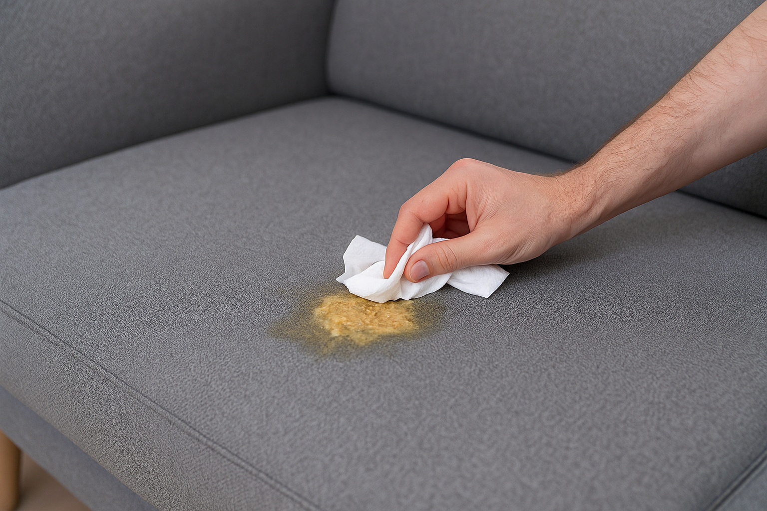 Hand, die Erbrochenes auf einem grauen Stoffsofa mit einem Tuch abtupft.
