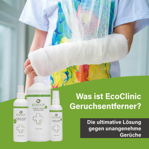Afbeelding van een persoon met een arm in het gips, met daaronder drie flessen EcoClinic Ontgeurder en de tekst “Wat is EcoClinic Ontgeurder?”.