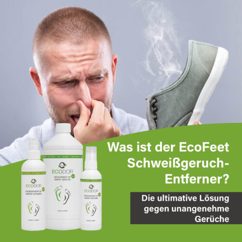 Man die zijn neus dichthoudt vanwege een sterk ruikende schoen, met EcoFeet zweetgeurverwijderaar op de voorgrond en tekst over de werking van het product.