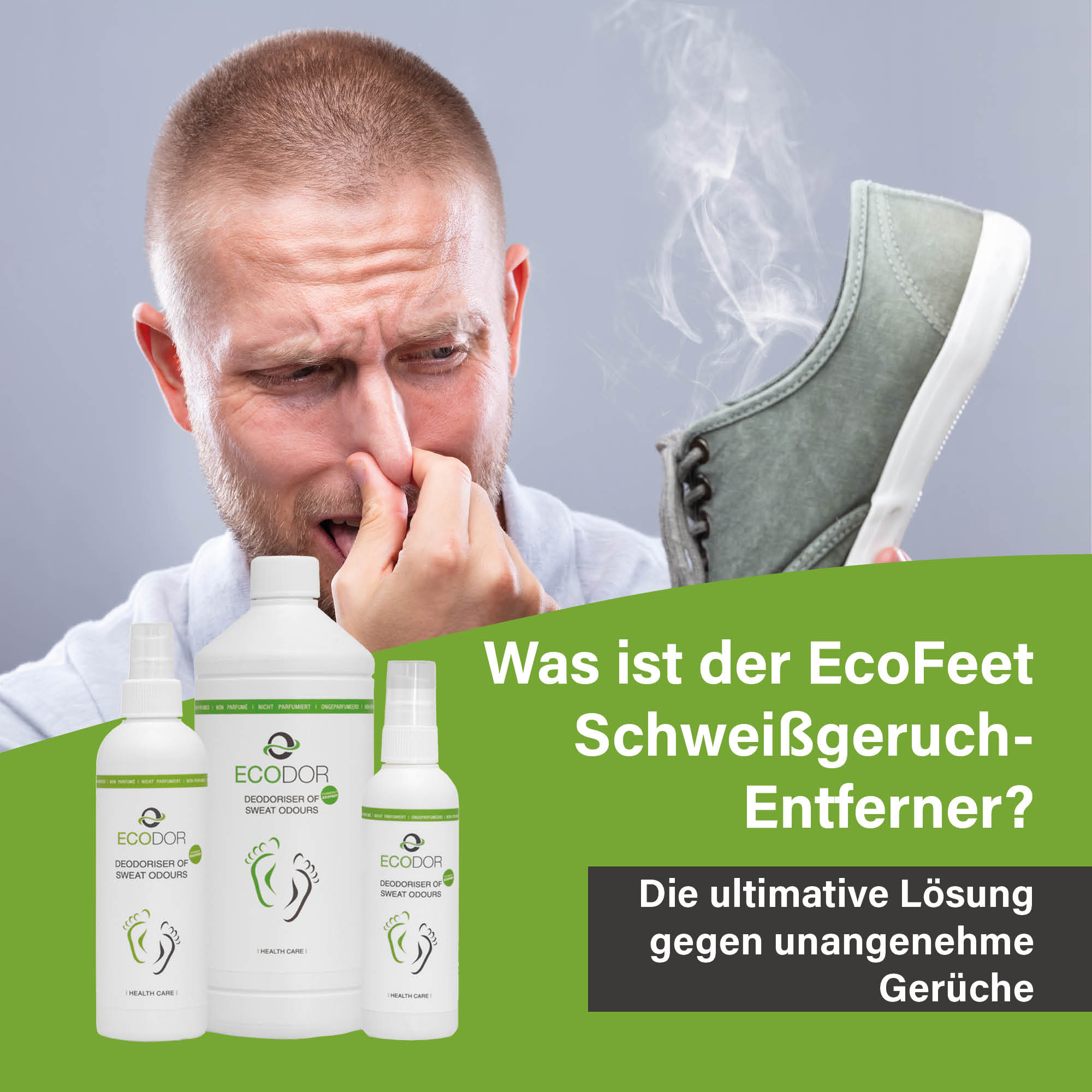 Man die zijn neus dichthoudt vanwege een sterk ruikende schoen, met EcoFeet zweetgeurverwijderaar op de voorgrond en tekst over de werking van het product.