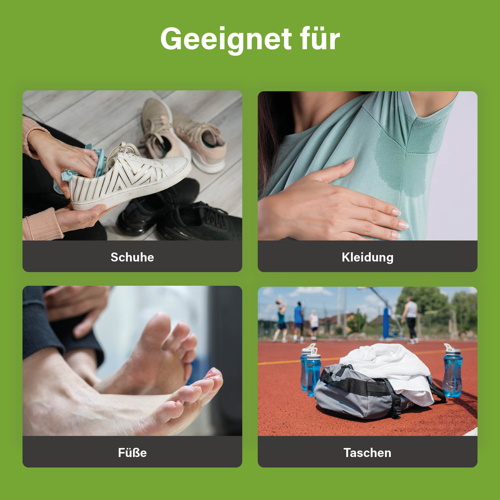 Afbeelding met vier vakken die tonen dat EcoFeet geschikt is voor schoenen, kleding, voeten en tassen.