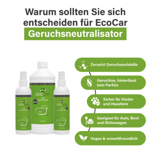 Drie flessen EcoCar Ontgeurder met opsomming van productvoordelen