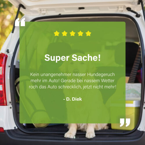 Hund im Kofferraum mit Kundenbewertung über den EcoCar Geruchsneutralisator