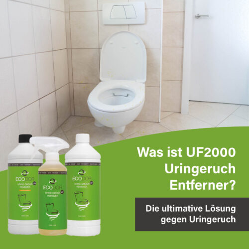 Afbeelding van een toilet met urinevlekken en drie flessen UF2000 Urinegeur Verwijderaar, met de tekst “Wat is UF2000 Urinegeur Verwijderaar?”.