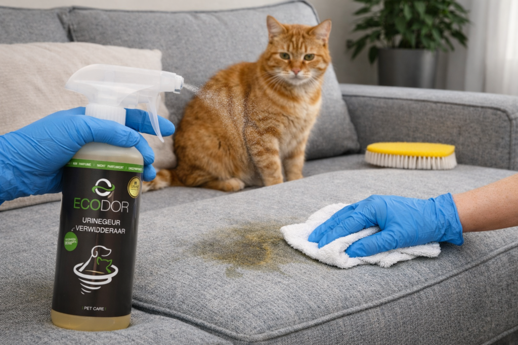 Katzenuringeruch aus dem Sofa entfernen mit Ecodor Uringeruchsentferner, Spray und Tuch
